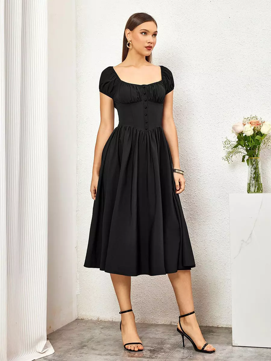 Elegant Pleated Square Neck Midi Dress With Puffed Sleeves - Image 8