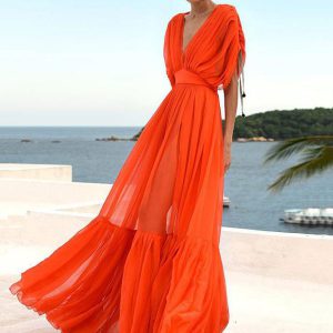 Elegant Pleated V-Neck Short Sleeves Backless Long Maxi Dress