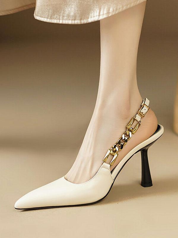 Elegant Pointed Toe Buckle Chain Detail Slingback High Heels