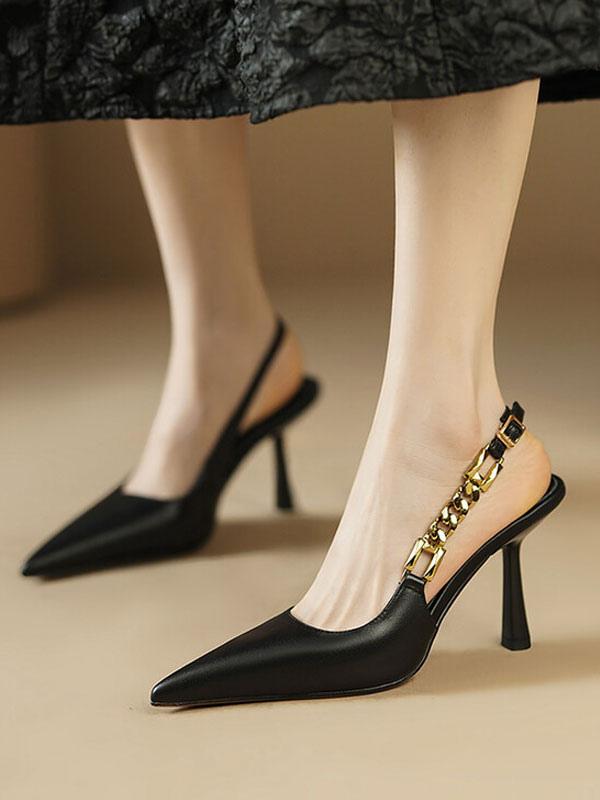 Elegant Pointed Toe Buckle Chain Detail Slingback High Heels - Image 2