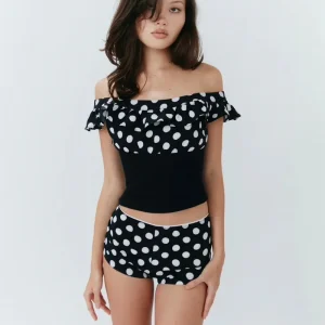 Elegant Polka Dot Patchwork Off Shoulder Crop Top And Shorts 2 Piece Set