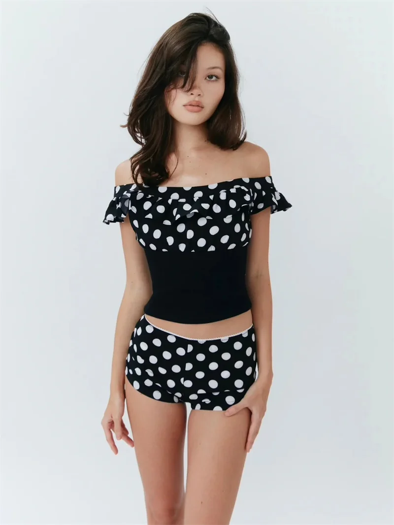 Elegant Polka Dot Patchwork Off Shoulder Crop Top And Shorts 2 Piece Set