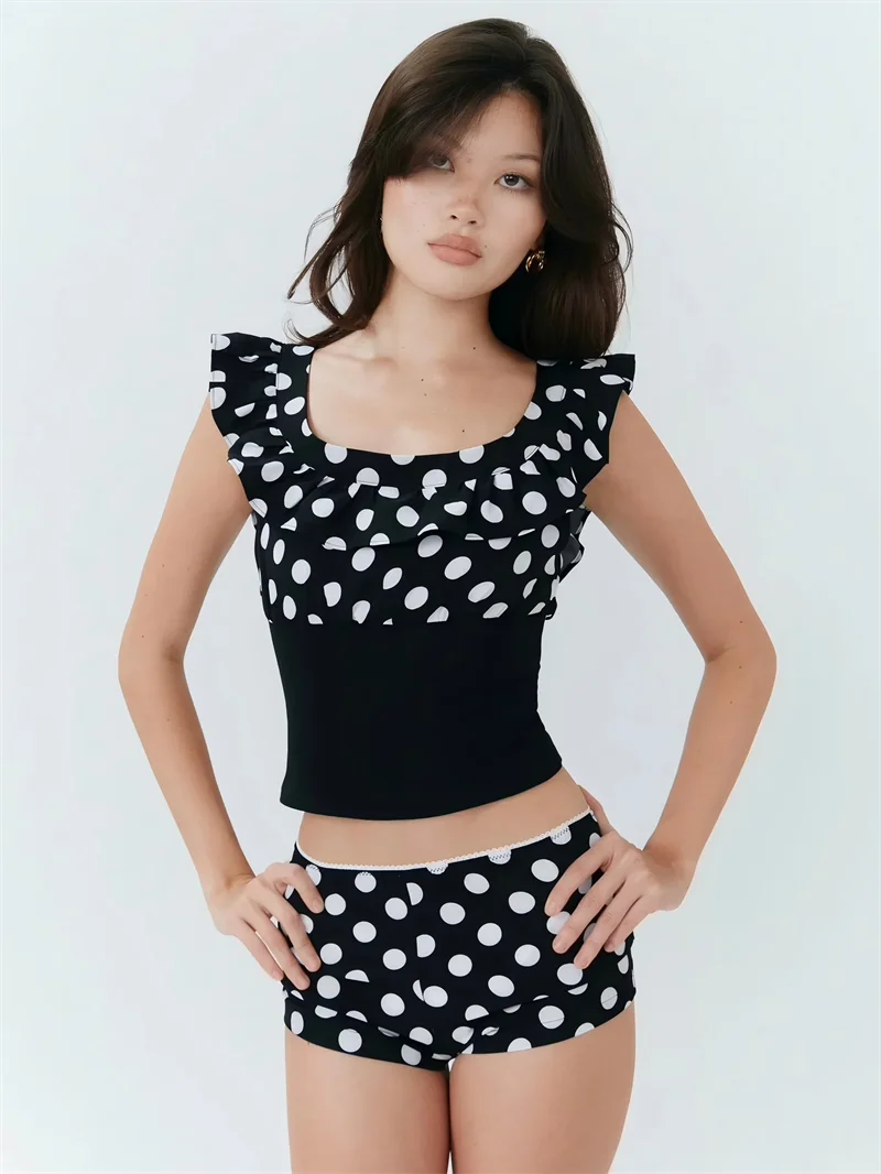 Elegant Polka Dot Patchwork Off Shoulder Crop Top And Shorts 2 Piece Set - Image 5