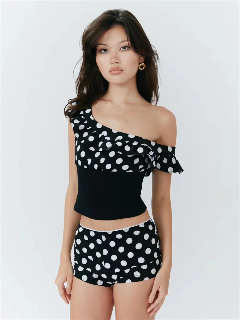 Elegant Polka Dot Patchwork Off Shoulder Crop Top And Shorts 2 Piece Set - Image 4