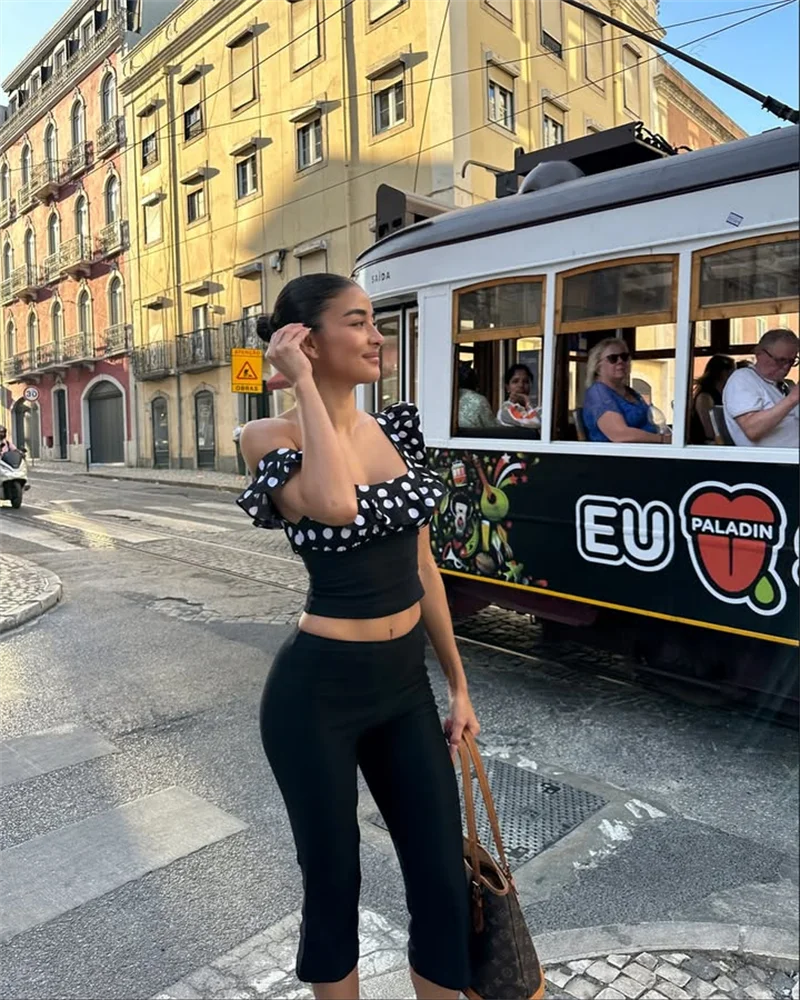 Elegant Polka Dot Patchwork Off Shoulder Crop Top And Shorts 2 Piece Set - Image 18