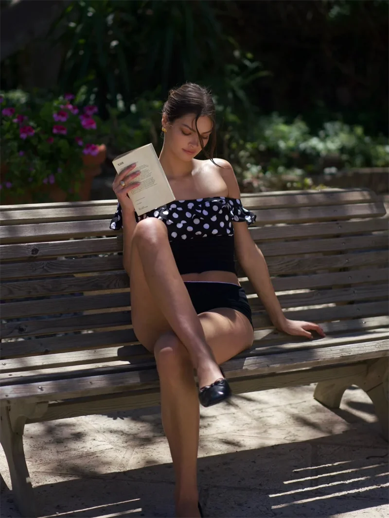 Elegant Polka Dot Patchwork Off Shoulder Crop Top And Shorts 2 Piece Set - Image 17