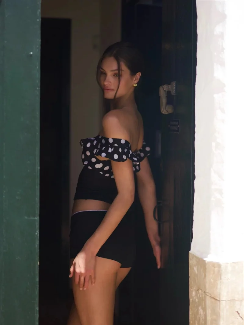 Elegant Polka Dot Patchwork Off Shoulder Crop Top And Shorts 2 Piece Set - Image 13