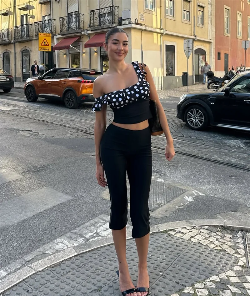 Elegant Polka Dot Patchwork Off Shoulder Crop Top And Shorts 2 Piece Set - Image 15