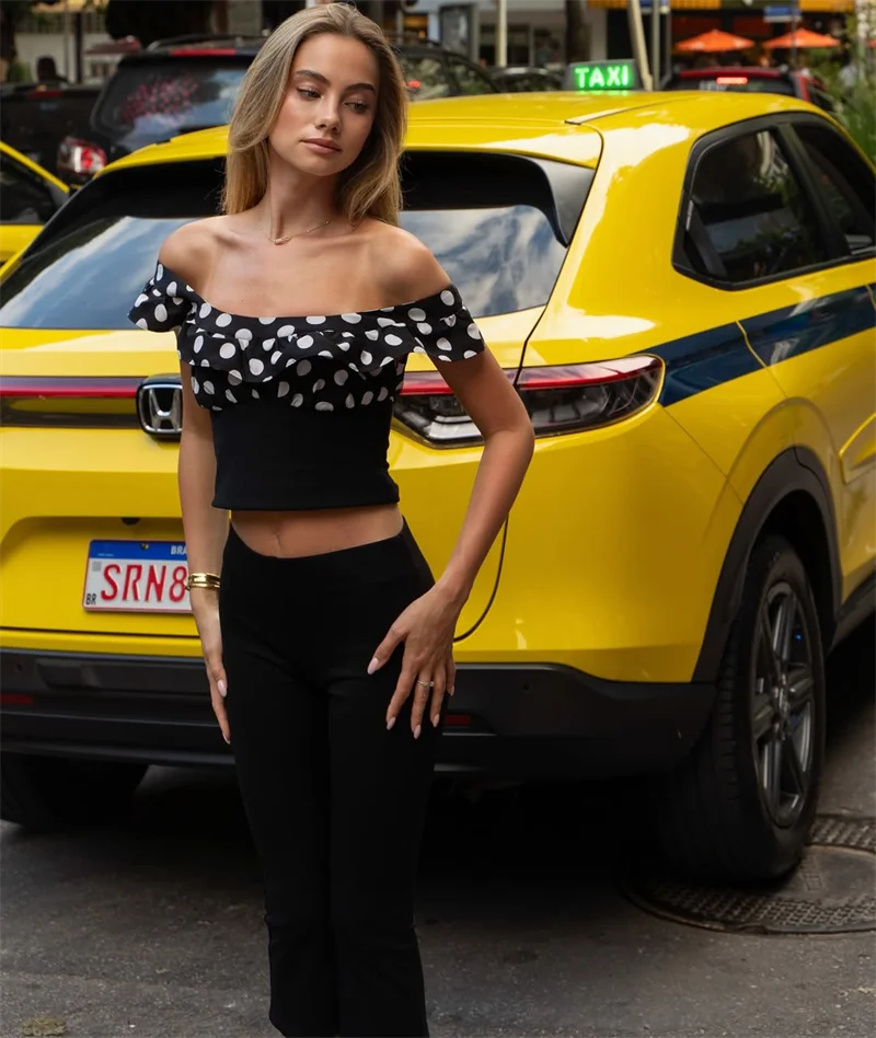 Elegant Polka Dot Patchwork Off Shoulder Crop Top And Shorts 2 Piece Set - Image 16