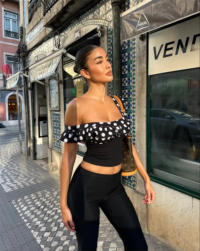 Elegant Polka Dot Patchwork Off Shoulder Crop Top And Shorts 2 Piece Set - Image 22