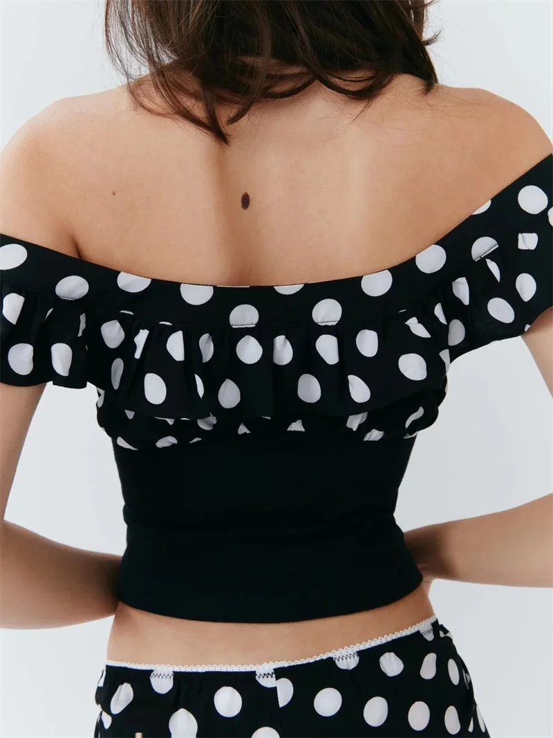 Elegant Polka Dot Patchwork Off Shoulder Crop Top And Shorts 2 Piece Set - Image 9