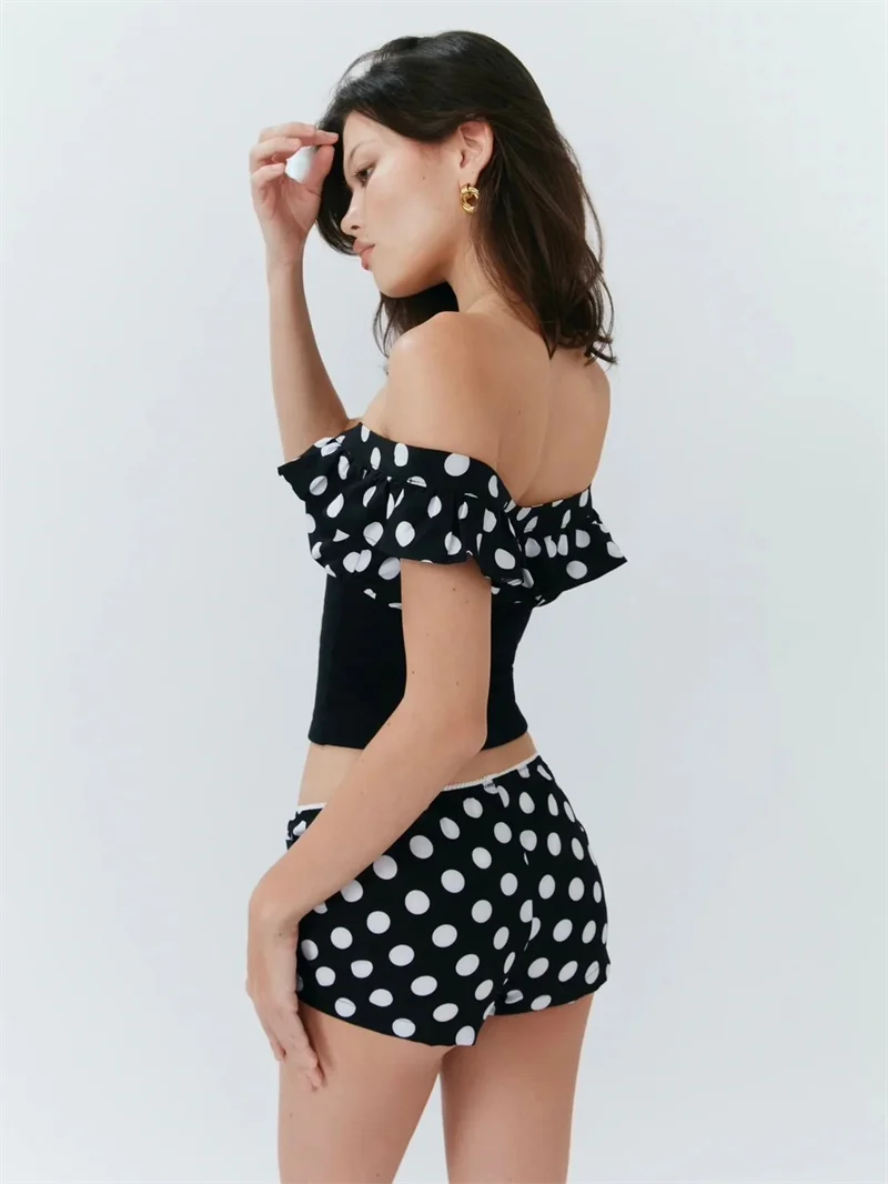 Elegant Polka Dot Patchwork Off Shoulder Crop Top And Shorts 2 Piece Set - Image 3
