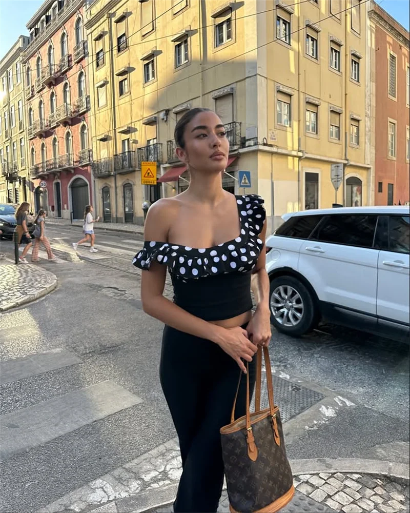 Elegant Polka Dot Patchwork Off Shoulder Crop Top And Shorts 2 Piece Set - Image 19