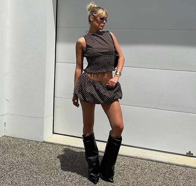 Elegant Polka Dots Lace-up Backless Ruffles Tank Top And Bubble Skirts 2 Piece Set - Image 8