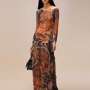 Elegant Print Long Sleeve High Neck High Slits High Skinny Maxi Dress