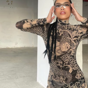 Elegant Print Turtleneck Full Sleeve  High Street Party Bodycon Maxi Dress