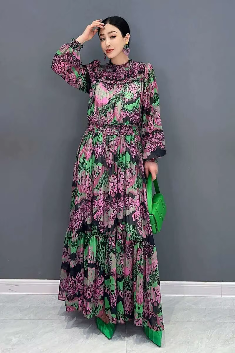 Elegant Printed Big Code Loose Feather Sleeve Slight Stretch Maxi Dress