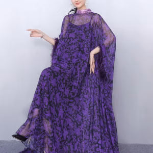 Elegant Printed Big Code Loose Feather Sleeve Slight Stretch Maxi Dress