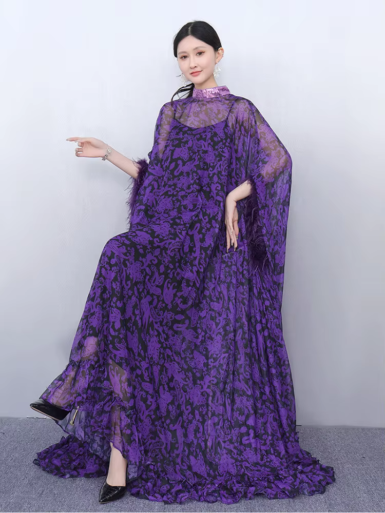 Elegant Printed Big Code Loose Feather Sleeve Slight Stretch Maxi Dress