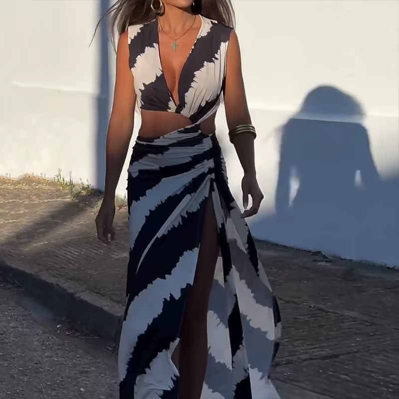 Elegant Printed Hollow V-Neck Tie Pleated Irregular Slim Maxi Dress - Image 2