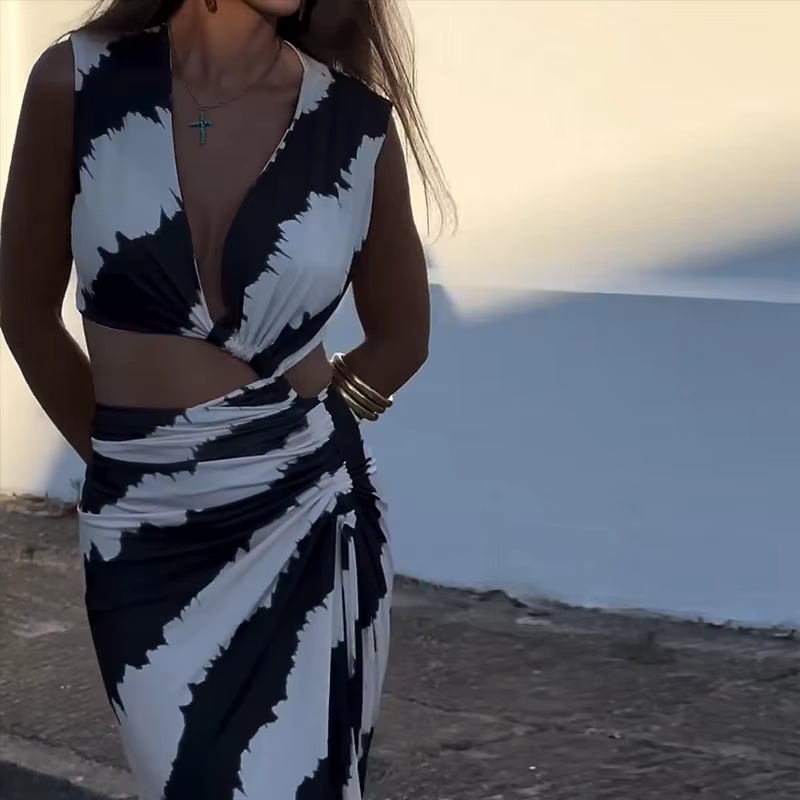 Elegant Printed Hollow V-Neck Tie Pleated Irregular Slim Maxi Dress - Image 3