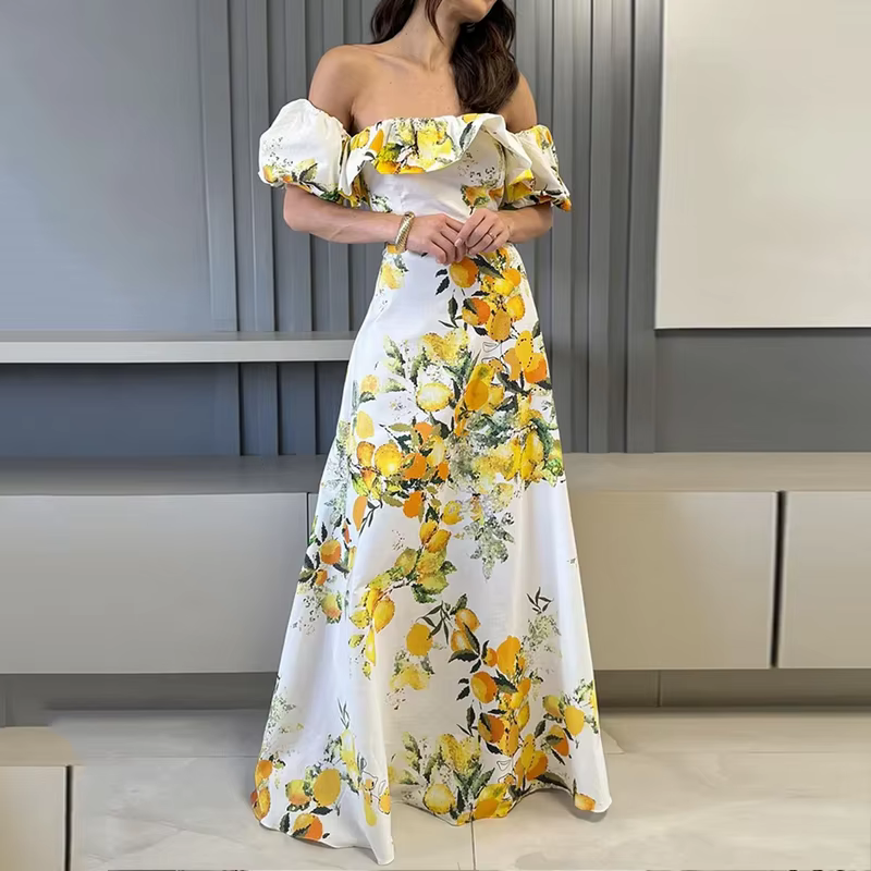Elegant Printed Off Shoulder Lantern Sleeve Ruffles Slim Nipped Waist Maxi Dress