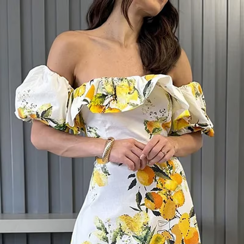 Elegant Printed Off Shoulder Lantern Sleeve Ruffles Slim Nipped Waist Maxi Dress - Image 2