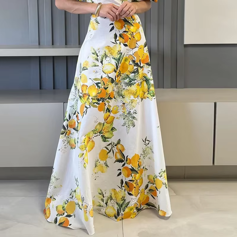 Elegant Printed Off Shoulder Lantern Sleeve Ruffles Slim Nipped Waist Maxi Dress - Image 3