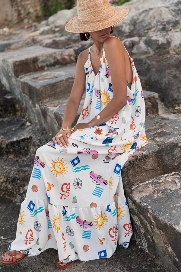 Elegant Pullover Printed V-neck Beach Style Sling Loose Maxi Dress - Image 2
