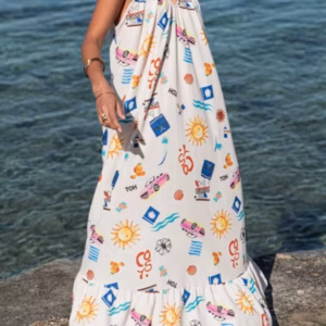 Elegant Pullover Printed V-neck Beach Style Sling Loose Maxi Dress
