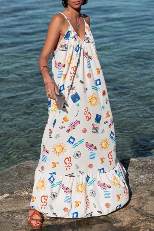 Elegant Pullover Printed V-neck Beach Style Sling Loose Maxi Dress