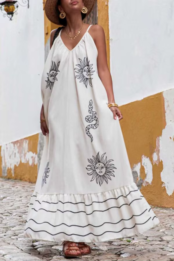 Elegant Pullover Printed V-neck Beach Style Sling Loose Maxi Dress - Image 3