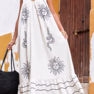 Elegant Pullover Printed V-neck Beach Style Sling Loose Maxi Dress