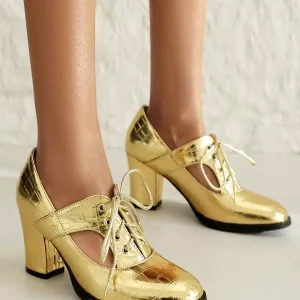 Elegant Round Toe PU Leather Polyurethane Chunky Heel