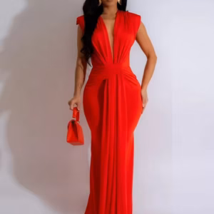 Elegant Ruched Deep V-neck Sheath Zipper Night Party Bodycon Maxi Dresses