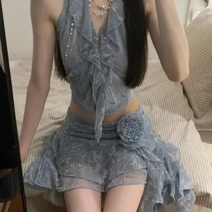 Elegant Ruffle Edge Halter Neck Top Irregular Short Skirt Two-Piece Set