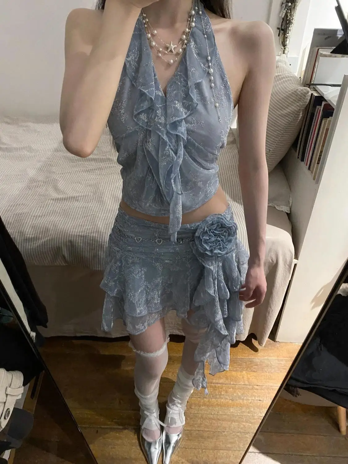 Elegant Ruffle Edge Halter Neck Top Irregular Short Skirt Two-Piece Set - Image 7