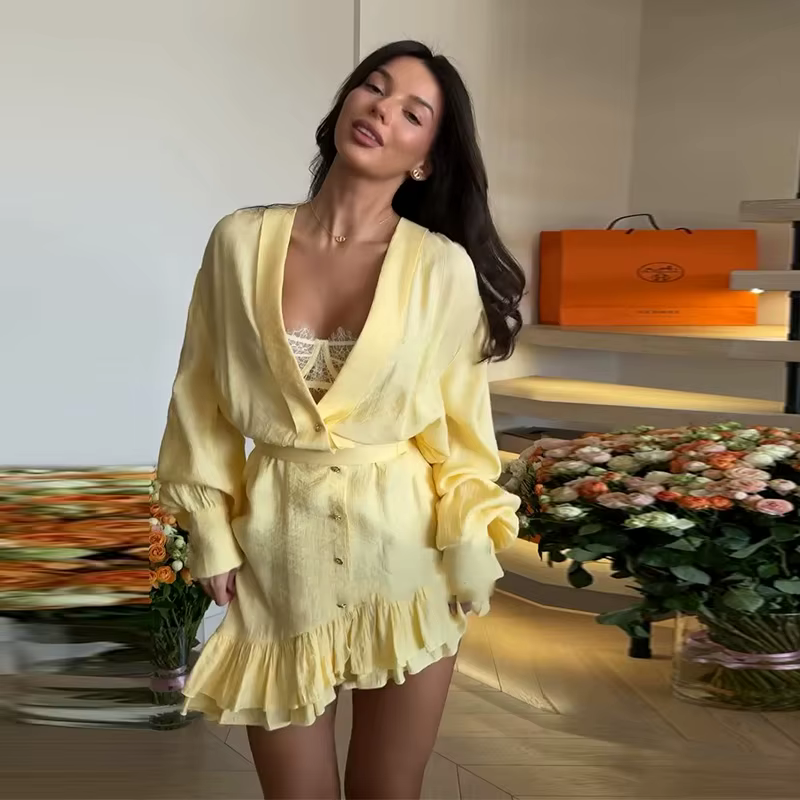 Elegant Ruffled V Neck Loose Beach Style Irregular Hem Mini Dress