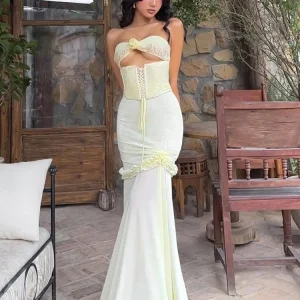 Elegant Ruffles Hollow Bandage Patchwork Mesh Maxi Fishtail Maxi Dress