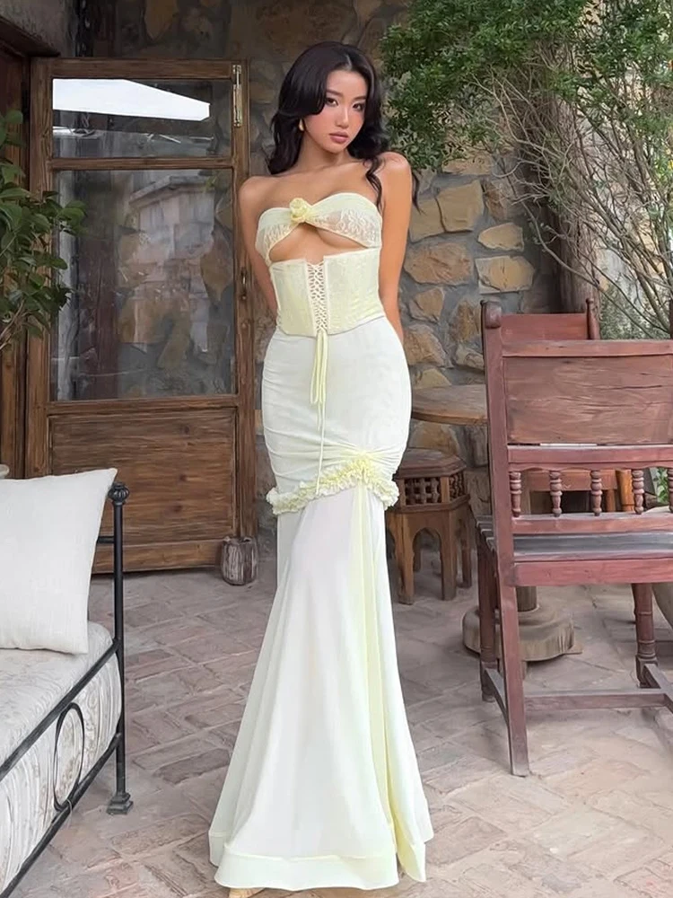 Elegant Ruffles Hollow Bandage Patchwork Mesh Maxi Fishtail Maxi Dress