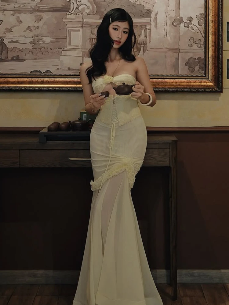 Elegant Ruffles Hollow Bandage Patchwork Mesh Maxi Fishtail Maxi Dress - Image 7