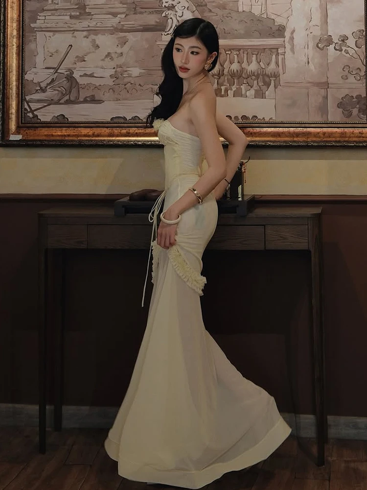 Elegant Ruffles Hollow Bandage Patchwork Mesh Maxi Fishtail Maxi Dress - Image 5