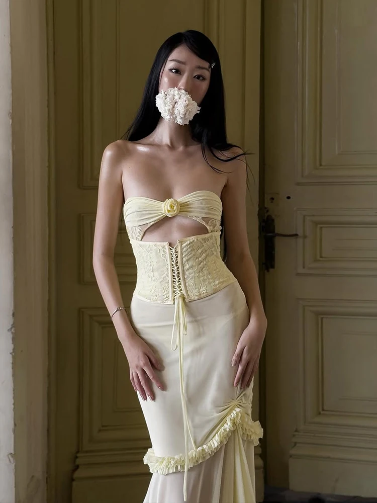 Elegant Ruffles Hollow Bandage Patchwork Mesh Maxi Fishtail Maxi Dress - Image 16