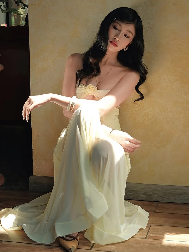 Elegant Ruffles Hollow Bandage Patchwork Mesh Maxi Fishtail Maxi Dress - Image 2