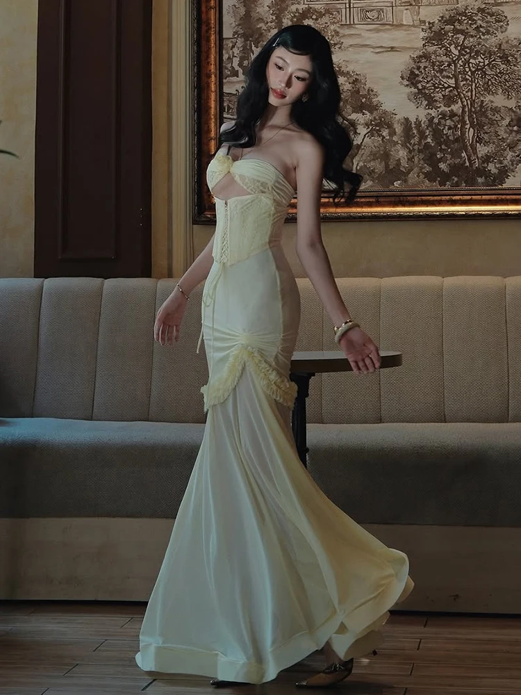 Elegant Ruffles Hollow Bandage Patchwork Mesh Maxi Fishtail Maxi Dress - Image 6