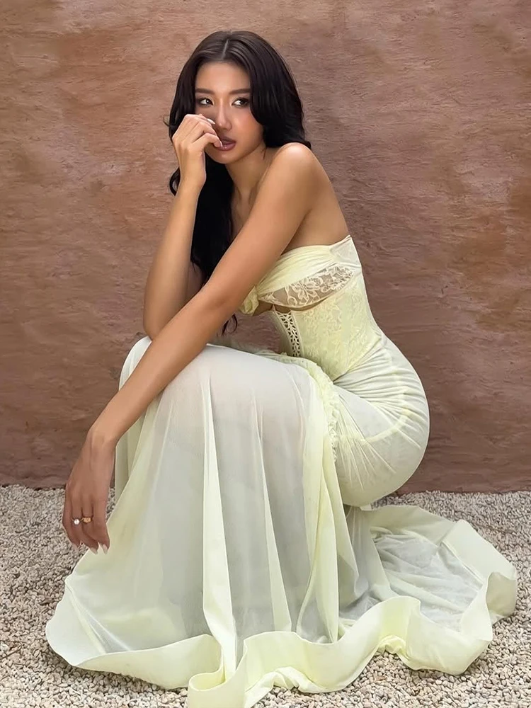 Elegant Ruffles Hollow Bandage Patchwork Mesh Maxi Fishtail Maxi Dress - Image 12