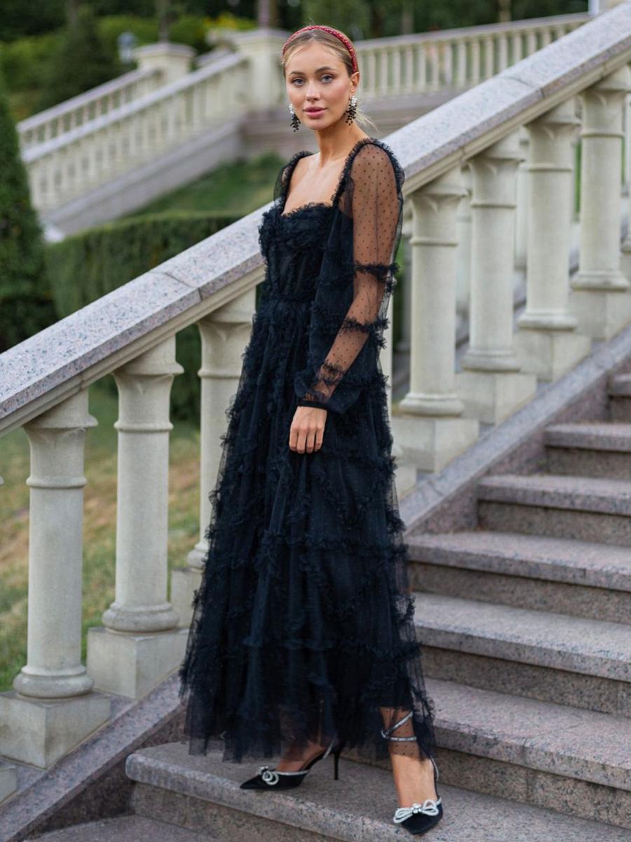 Elegant Ruffles Illusion Long Sleeves Polka Dot Layered Polyester Party Prom Dresses - Image 4