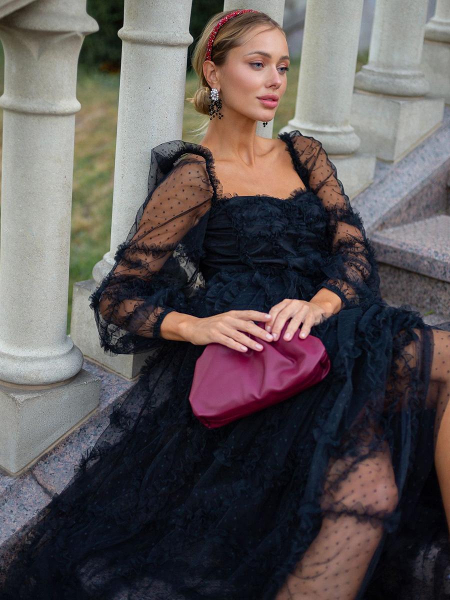 Elegant Ruffles Illusion Long Sleeves Polka Dot Layered Polyester Party Prom Dresses - Image 5