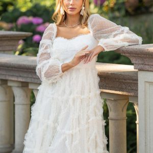 Elegant Ruffles Illusion Long Sleeves Polka Dot Layered Polyester Party Prom Dresses