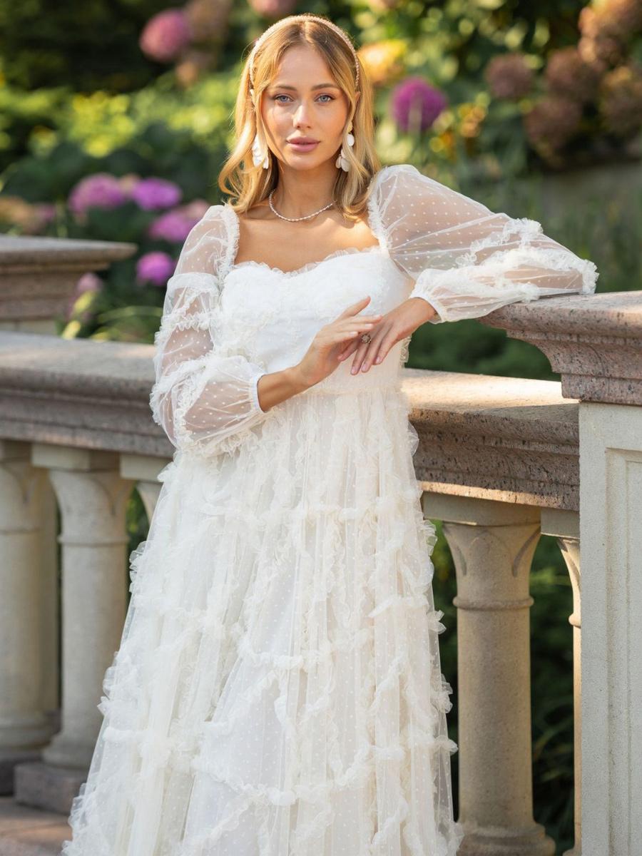 Elegant Ruffles Illusion Long Sleeves Polka Dot Layered Polyester Party Prom Dresses